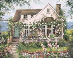 a painting of a house with flowers on the front