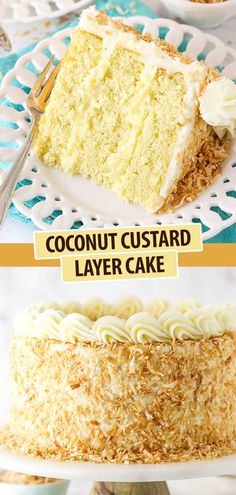 coconut custard layer cake on a white plate with the words coconut custard layer cake above it