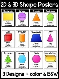 three dimensional shapes and their corresponding colors are shown in this poster for students to learn