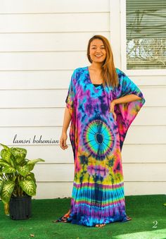 "🌈 Tie Dye Kaftan Dress, Loose Fit Tie Dye Dress, Hippie Tie Dye Kaftan, Tie Dye Clothing, Oversize Kaftan Dress, Tye Dye Caftan Dress Measurement and detail: 👉Fabric: 100% Breathable and Comfy Rayon 👉Method: Hand Dyed 👉Special Feature: Adjustable rope around the waist to tighten the kaftan 👉Size: One Size Fits Most (M-3XL) Extremely comfy 👉Length of Dress: 55\" 👉Width of Dress: 45\" 👉Bust 60\"-80\" 👉The back is identical to front pattern 👉Great Lounging Kaftan ------------------------ Hippie Multicolor Long Maxi Dress, Bohemian Hand Dyed Maxi Dress For Festivals, Bohemian Tie Dye V-neck Kaftan, Bohemian Tie-dye V-neck Kaftan, Multicolor Bohemian Maxi Length Cover-up, Bohemian Multicolor Maxi Length Cover-up, Multicolor Hippie Maxi Dress For Beach Cover-up, Multicolor Hippie Maxi Dress For Beach, Colorful Long Bohemian Dress