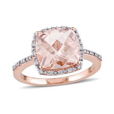 an 18k rose gold cushion cut morganite and diamond ring