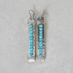 Hammered Sterling Silver Rectangle Earrings With Turquoise | Etsy Nickel Free Turquoise Rectangular Jewelry, Handmade Turquoise Fusion Earrings, Blue Bohemian Hammered Earrings, Bohemian Blue Hammered Earrings, Turquoise Hammered Earrings For Gift, Bar Jewelry, Rectangle Earrings, Unusual Earrings, Wrapped Earrings