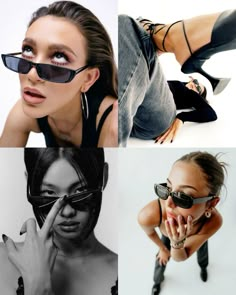 four different pictures of women wearing sunglasses and high heels, one with her hand on her face