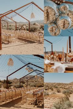 an outdoor wedding setup in the desert with tables and chairs set up for guests to eat