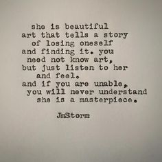 an old typewriter with the words, she is beautiful art that tells a story and finding it you need not know to her