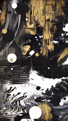 an abstract painting with black, gold and white colors