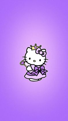 the hello kitty wallpaper is purple and has a bow on it's head