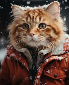 an orange and white cat wearing a red jacket with snow on it's face