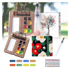 an assortment of art supplies including paint, pencils and markers