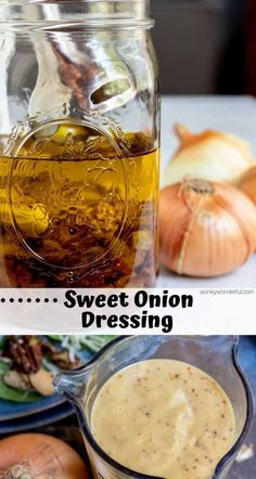 there are two pictures with different foods in them and one has onion dressing on it