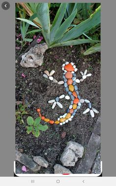 an image of a lizard made out of rocks and pebbles on the ground with plants in the background