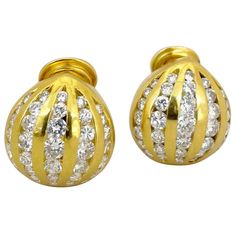 Cute and classic 18 karat yellow gold and diamond earrings. The button style earrings have 5 rows of round brilliant diamonds. The earrings measure 5/8" in diameter. They are pierced and can be adjusted for non pierced ears. Total diamond weight 2.13 carats Gold Veil, Gold And Diamond Earrings, Diamond Cluster Earrings, Heritage Jewellery, Mabe Pearl, Swirl Earrings, Button Style, Heart Shaped Earrings, Button Earrings