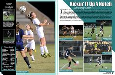 an article in the sports paper features girls playing soccer and jumping up to kick a ball