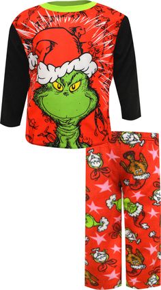 Nothing says Christmas like the classic Dr. Seuss character, The Grinch. These ultra soft fleece holiday pajamas for boys have a grinning Grinch, thinking up his wonderful, awful idea. There is even a subtle image of The Who's in the background. The pj pants are covered in a coordinating design and have an elastic waist. Flame resistant to meet safety standards. Pajamas For Boys, Dr Seuss The Grinch, Pig Girl, Betty Boop Classic, Sesame Street Muppets, Cartoon Costumes, Storybook Characters, Girls Robes, Men's Robes