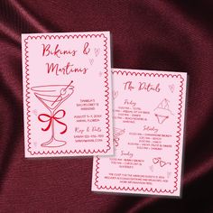 two pink wedding cards with red ink on them, one is for the bride and the other is for the groom