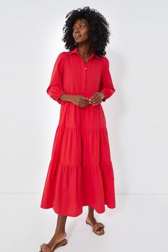 Featuring a full length, tiered skirt combined with puff sleeves in a bright vibrant red, the Hibiscus Mabel Dress is ready to quickly become a closet staple. With a collared neckline and half front placket, this effortless number evokes a sophisticated, relaxed feel. This no fuss maxi can be worn all day from school d