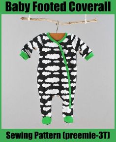 a baby footed coverall hanging on a clothes line with the words sewing pattern preme - 31