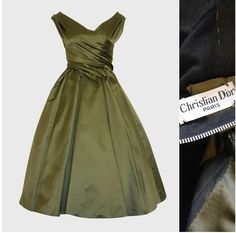 1950s Fashion: Christian Dior Haute Couture dress from Fall 1957 was given the name "Venezuela" by the designer and is crafted from an olive green silk. The dress has substantial weight and features a divinely draped bodice and a very full skirt. ==> Learn all about The Fashions of Christian Dior 1947-1957 at the Vintage Inn Blog Dior Haute Couture Dress, Christian Dior 1950s, Dior 1950s, Dior 1947, Christian Dior Gowns, Simple Cocktail Dress, Haute Couture Dress, Christian Dior Dress