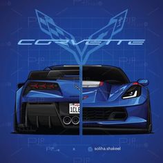 a blue sports car with the words corvette on it's front and side view