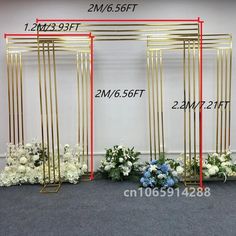 three different types of flower stands with flowers on each side and the measurements for each one