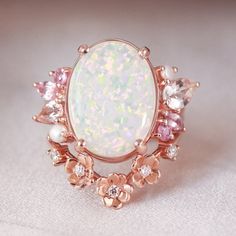 Luxury White Multi-stone Gemstones, White Oval Jewelry With Gemstone Accents, Rose Gold Oval Multi-stone Jewelry, White Gemstones With Accents Fine Jewelry, White Opal Ring With Gemstone Accents, White Opal Engagement Ring, Pearls Ring, Natural Pearl Ring, Pink Morganite Ring