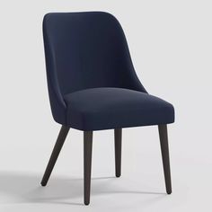 an upholstered chair with wooden legs and a dark blue fabric seat, viewed from the front