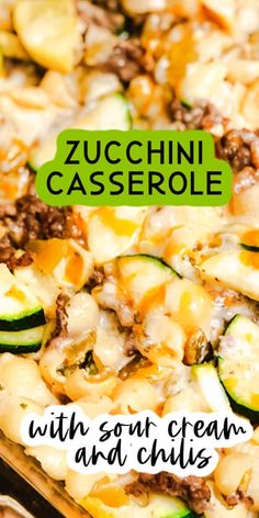 zucchini casserole with sour cream and chilis in a baking dish