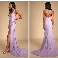 New With Tags Size Small Beautiful Formal Lavender Lace Dress With Train Long Skirt In Back Lavender Lace Dress, Formal Dresses Mermaid, Blue Lace Maxi Dress, Lulus Maxi Dress, Dress With Train, Junior Prom, Velvet Maxi Dress, Dress Mermaid, Lace Formal Dress