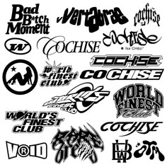 various logos and designs on white paper with the words,'world wide club'in black