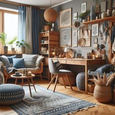 a living room filled with lots of furniture and decor on top of a hard wood floor