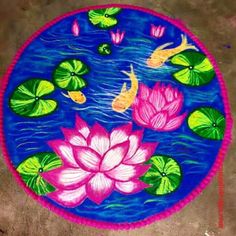 a painting on the ground with water lilies and fish