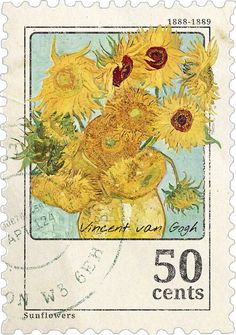 a postage stamp with sunflowers in a vase