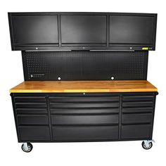 a black garage cabinet with drawers and wheels on the bottom, next to a wooden counter top