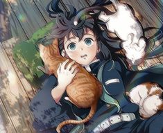 an anime character laying on the ground holding a cat