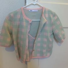 Adorable Springy Cropped Cardigan Set. Comes With A Tank Top And Short Sleeve Button Cardigan In Pink And Green Gingham. Perfect Condition. Never Worn. All Offers Welcome! Plaid Cotton Cardigan For Spring, Zara Green Spring Cardigan, Gingham Cardigan, Cardigan Set, Green Gingham, Zara Sweater, Pink Gingham, Button Cardigan, Pastel Green