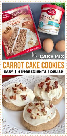 carrot cake cookies with cream cheese frosting and pecans on the side, next to an egg carton