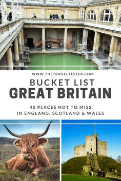 the bucket list for great britain in england, scotland and wales with pictures of castles