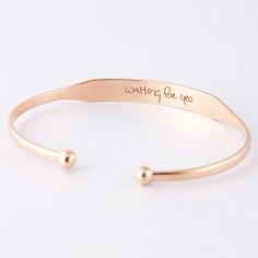 "► HANDWRITING CUFF BANGLE * Wear your memory. This stunning personalized handwriting bracelet can be personalized with handwriting from any old handwritten note on both the outside and inside. * Word limits: 3-4 words per side. * BRACELET SIZE : There is no standard size for cuffs/ bangles across different brands so don't just assume that you are certain size. Please check our size guide below carefully before ordering: XS: bracelet's diameter is 2\", bracelet's circumference (includes opening) Inspirational Gold Name Bracelet For Personalized Gift, Adjustable Engraved Name Bracelet For Bridesmaid Gift, Inspirational Bangle Bracelets For Personalized Gifts, Customizable Inspirational Bracelets For Personalized Gift, Inspirational Customizable Bracelets For Personalized Gifts, Gold Hand Stamped Bracelet For Best Friend, Hand Stamped Gold Bracelet For Best Friend, Hand-stamped Gold Bracelet For Best Friend, Personalized Gold Cuff Bracelet For Best Friend