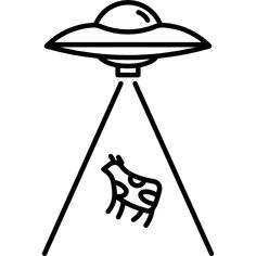 an alien spaceship flying through the sky with a cow in it's center, on top of a black and white background