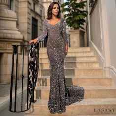 Lasaky - Long-Sleeved Glittering Evening Gown with Fish-Tail Train for Formal Occasions Fish Tail Gown, Tail Gown, Gown With Long Sleeves, Womens Evening Gowns, Indian Bridesmaid Dresses, Long Sleeve Wedding Dress, Formal Evening Gown, Mermaid Evening Gown, Performance Dresses