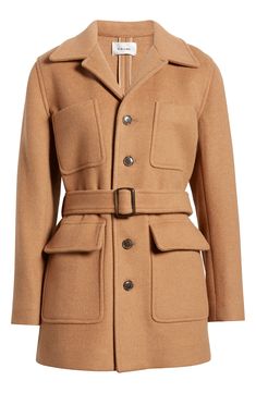 This woolly longline jacket is designed with a defining belt and roomy flap pockets. 31" length Front button closure Notched lapels Attached belt Front flap pockets 40% wool, 30% lyocell, 30% polyamide Dry clean Made in Portugal Beige Belted Outerwear With Lapel Collar, Beige Belted Outerwear For Fall, Belted Wool Coat With Lapel Collar For Work, Classic Belted Outerwear For Fall, Beige Belted Outerwear For Office, Classic Fall Outerwear With Belt, Brown Belted Wool Coat With Lapel Collar, Classic Outerwear With Notch Lapel And Belt Loops, Wool Outerwear With Belt Loops For Work