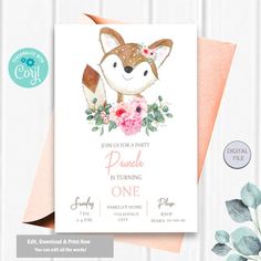 a baby shower card with a fox and flowers on it, featuring the words'party panda is turning one '