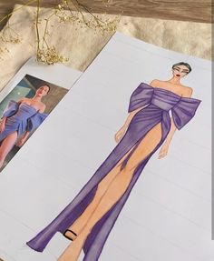 a drawing of a woman in a purple dress on top of a piece of paper