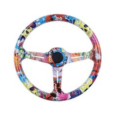 the steering wheel is decorated with cartoon characters