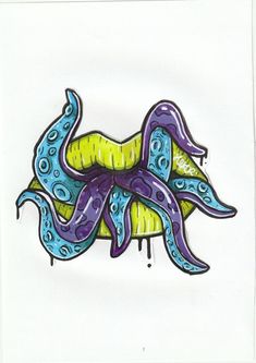 a drawing of an octopus sitting on top of a piece of paper with blue and yellow colors