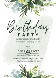 a birthday party flyer with watercolor flowers and greenery on the front, in green tones