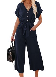 PRICES MAY VARY. Feature:Short sleeve, V neck, Solid color, High waist, Button Down, Pocketed, Long Pants Jumpsuits Romper with Belt. Casual jumpsuit is made of good fabric, comfortable, soft, breathable, lightweight, loose design make it full of vitality. The wide legs make this women romper easy to wear, plus the material is soft and breathable so you will be cool and comfy all season. Match: you can pair the solid color one piece outfit with shoes, sandals or heels as you like. Occasion: Jump Wide Leg Jumpsuits, Pocket Jumpsuit, Solid Color Jumpsuits, Cropped Pants Women, Bodycon Jumpsuit, Jumpsuit Elegant, Red Sky, Fruit Print, Type Of Pants