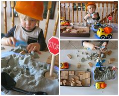 there is a collage of photos with children playing in the sand and building blocks