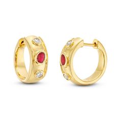 This Alternating Ruby and Diamond Bezel Gold Huggie Earrings is crafted in 14K yellow gold and showcases approximately 0.40 carats of rubies and 0.18 carats of brilliant cut diamonds. Gold Huggie Earrings, Diamonds Direct, Huggie Earrings, Fine Jewelry Designers, Pendant Rings, Bezel Diamond, Mens Jewelry Bracelet, Diamond Pendant Necklace, Diamond Bracelets