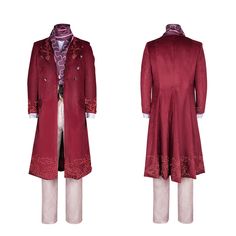 the back and side view of a red coat with white pants, shirt and tie